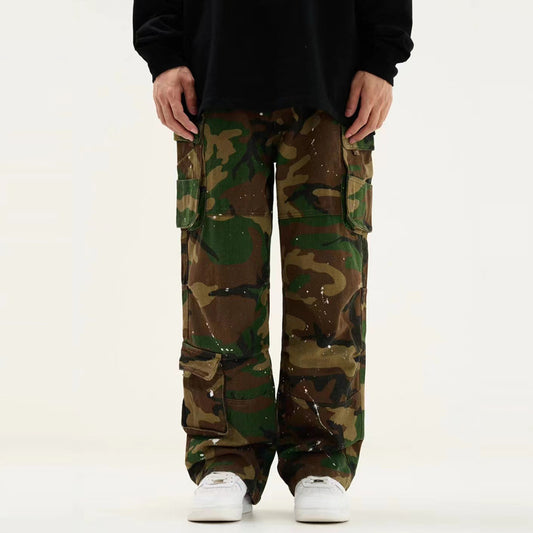 Camouflage High Waist Loose Straight Retro Workwear Casual Pants